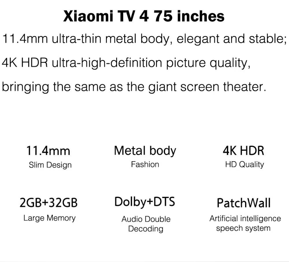 Xiaomi tv 4 75 дюймов английский интерфейс 4K Ultra-thin11.4mm корпус интеллектуальный пульт дистанционного управления 4K HDR 2 ГБ+ 32 ГБ Dolby sound