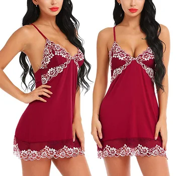 

Summer Sexy Lingerie Patchwork Deep V-Neck Backless Silk Lace Robe Dress Babydoll Nightdress Nightgown Sleepwear