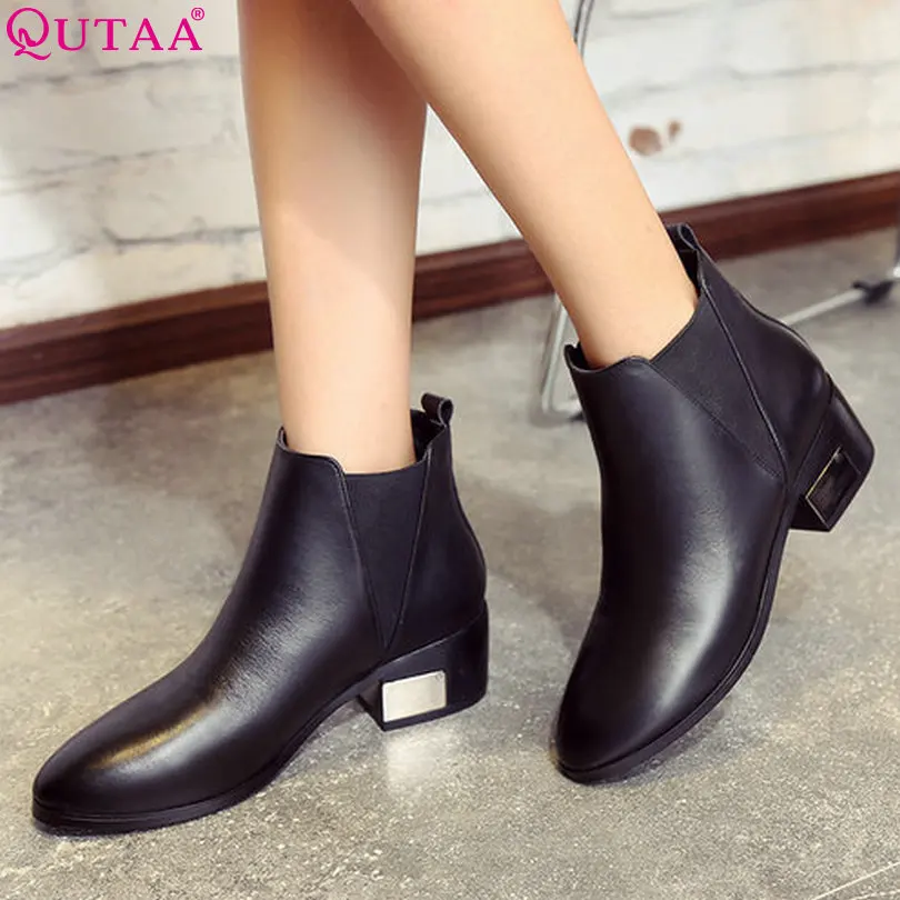 

QUTAA Slip On Western Style Women Shoes Genuine leather Square High Heel Ankle Boots Women Motorcycle Boots Size 34-39