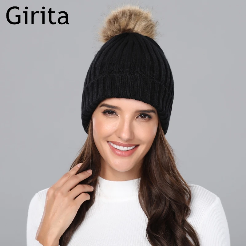 Girita, женская вязаная шапка зима, шапки, флисовые вязанные шапочки с помпоном, меховые женские теплые шапки
