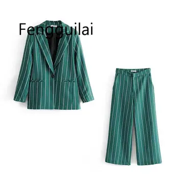 Vintage Chic Green Striped Pant Suits Fashion Pockets Single Button Notched Blazer Zipper Fly Straight Long Pants Casual Suits zipper fly straight leg pockets cargo pants