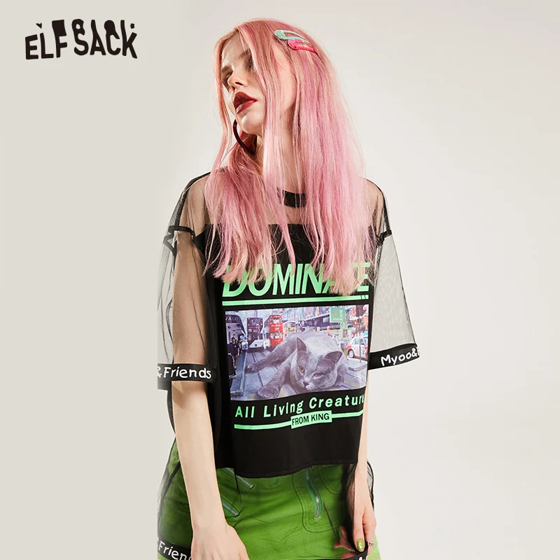 

ELF SACK Letter Print O-Neck Hollow Out Women T-shirts 2019 Summer Fashion Mesh Patchwork Female Tops Streetwear Black Basis Tee