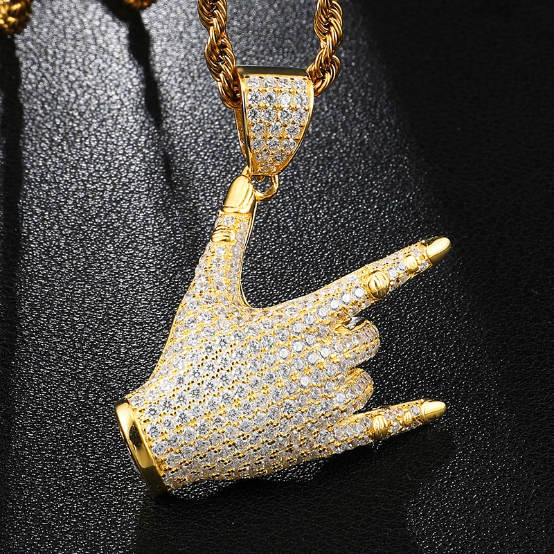 D&ampZ Iced Out Bling CZ I LOVE YOU Sign Hand Pendant Necklace Street Rock Gesture Necklaces For Men Hip Hop Jewelry | Украшения и