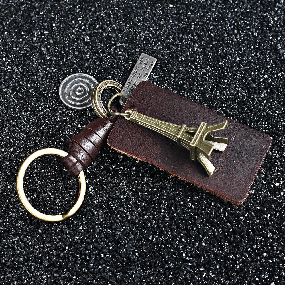 

Fashion Genuine leather keychains Eiffel Tower pendant key Bag handbag purse charms accessories Women men car keys ring chain