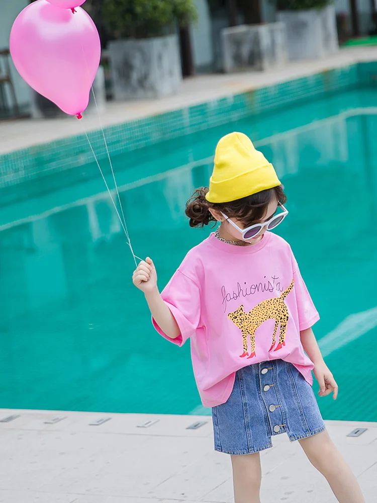 

Girls Tops Summer White Pink Print Short Sleeve Tshirt 2019 Toddler Girl T Shirt 10 To 12 Years Teenager New Loose T-shirt 13 14