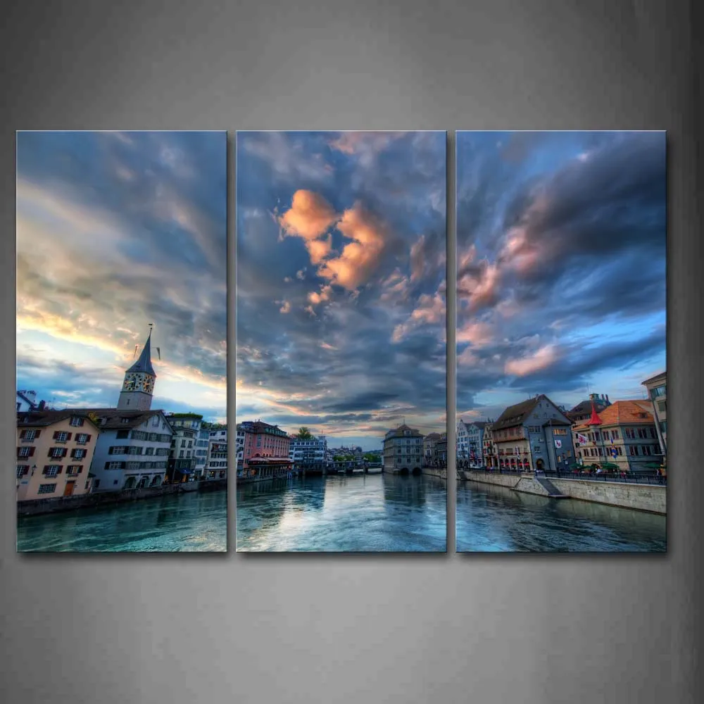 

Framed Wall Art Pictures Buildings River Zurich Canvas Print City Posters With Wooden Frames For Home Living Room Decor