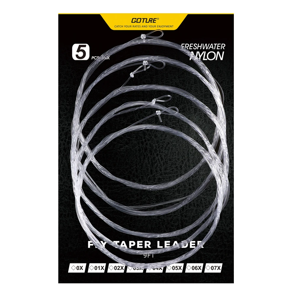 

Goture 5pcs Tapered Leader Fly Fishing Line 9FT/2.74M 0X/1X/2X/3X/4X/5X/6X/7X Fly Line Leader With Loop Clear Nylon Line