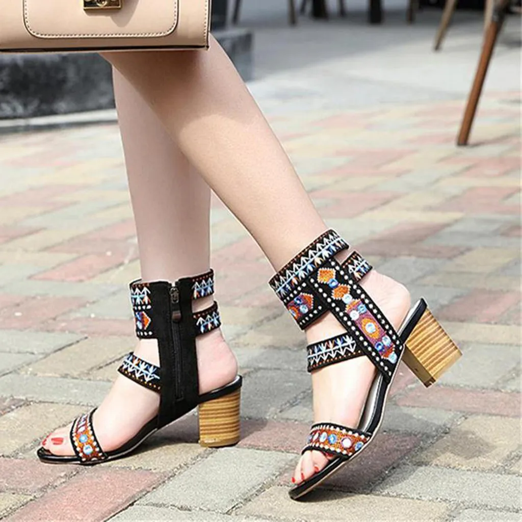 

Women Ladies Sandals Bohemian Embroider Sandals Roman Embroder Square Heel Shoes Casual Zip Women Sandals zapatillas mujer 2019