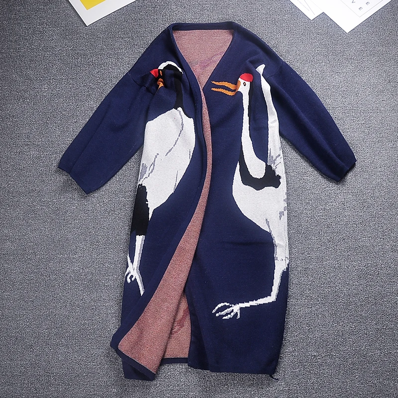 TREND-Setter 2019 Autumn Casual Cashmere Trench Coat Women Cartoon Cranes Pattern Open Stitch Knitting Long Outwear Oversize