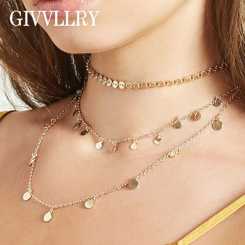 

GIVVLLRY Coin Sequin Tassel Necklaces & Pendants Minimalist 3 Layers Geometric Choker Vintage Collar Chain Necklace for Women
