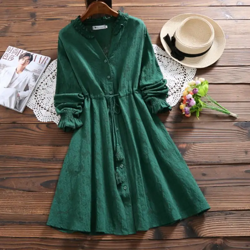 

High quality linen cotton woman dress long sleeve floral dress with tassel for Spring