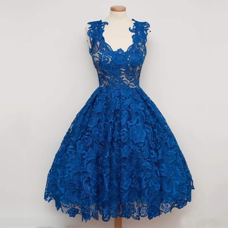 Modern Blue Lace Cocktail Dresses A Line Knee Length Party Dresses