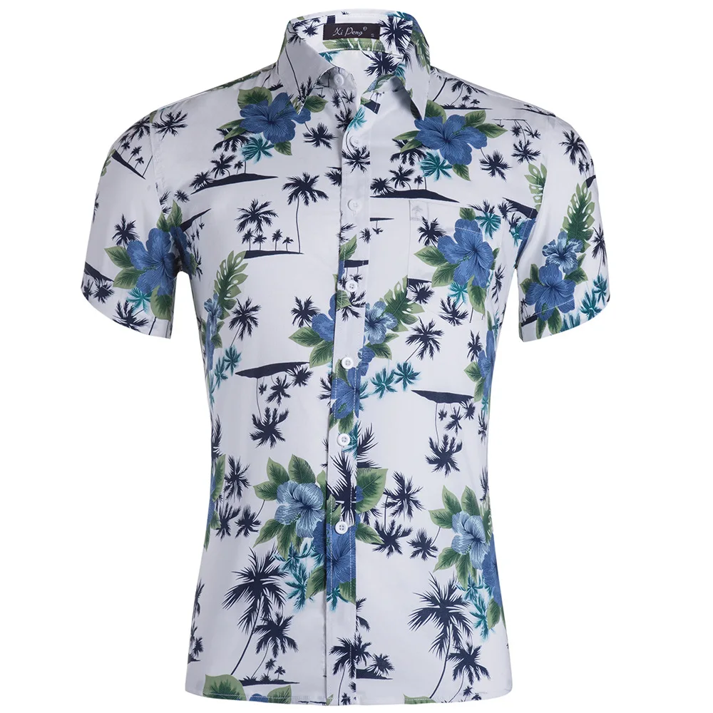 Летняя Гавайская Мужская рубашка с коротким рукавом, хлопок, фламинго, цветочный принт, повседневные рубашки, Мужская одежда, мода, размер США XXL - Цвет: GD032-14