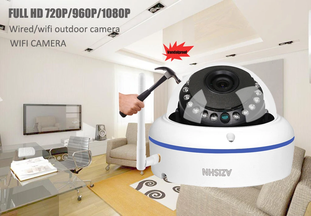 AZISHN Vandalproof Wifi Проводная ip-камера 720 P/960 P/1080 P Yoosee Обнаружение движения IP66 15IR CCTV камера с поддержкой sd-карты до 128G