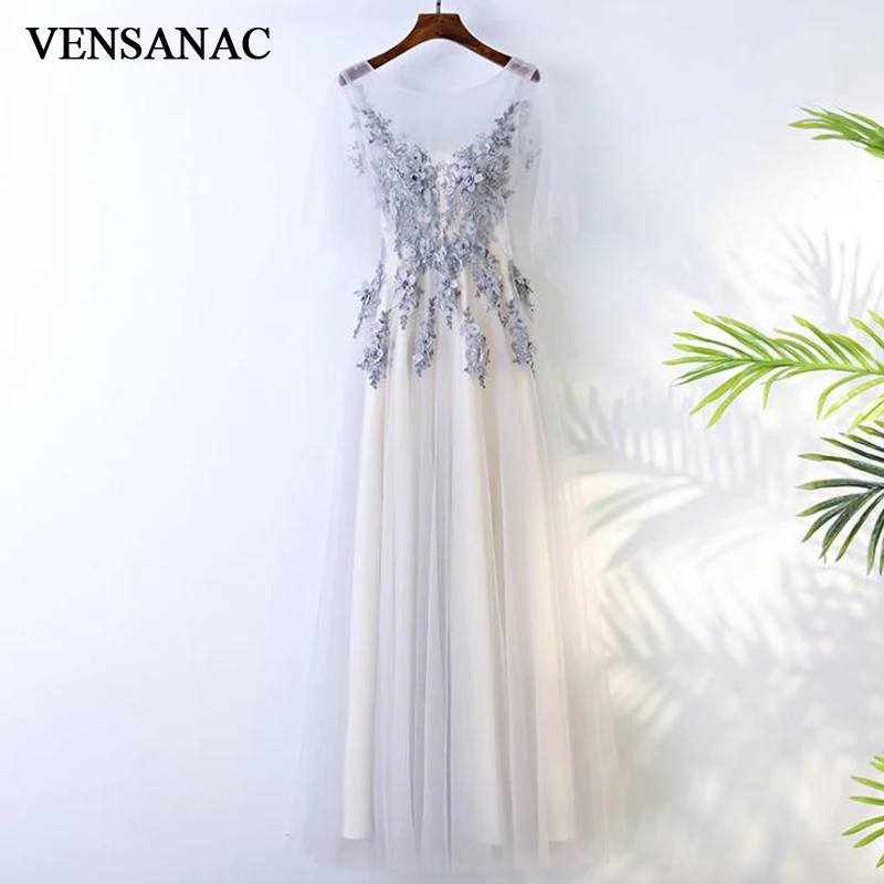 Длинные вечерние платья VENSANAC 2018 с круглым вырезом цветочной аппликацией