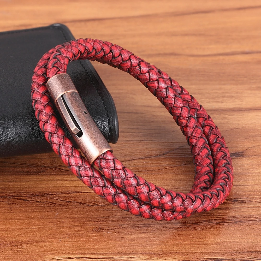 Perfect Design Double Layer Vintage Steel Buckle Geometric Braid 6mm Genuine Leather Bracelet Men Women Fashion Birthday Gift