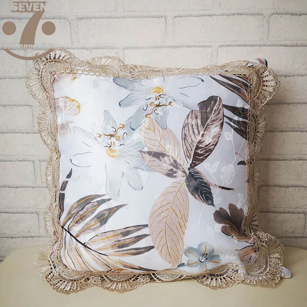 

Free Shipping High Quality Jacquard Cloth Floral Pattern 45x45cm Square Home Decorative Pillow Case With Elegant Lace Border