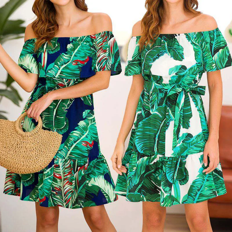 

Salsh Neck Ruffle Dress Women Off The Shoulder Mini Dresses Casual Woman's Clothes Print Summer Party Dress Women Vestidos 2019