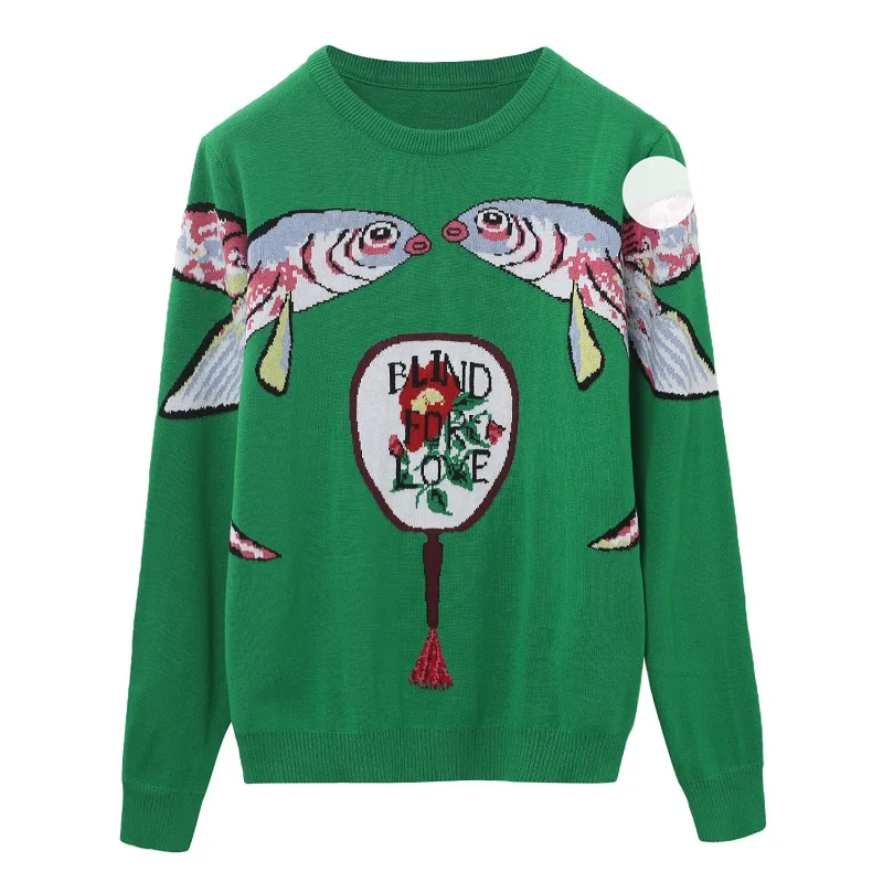 

2019 Winter Vintage Green Knitted Sweaters Pullovers Women Runway Designer Double Fish Female Ladies Christmas Jumper Clothes