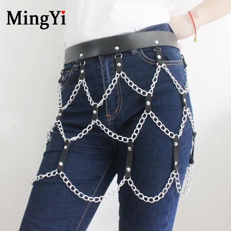 Цепь тела кожаная клетка жгут ремень юбка Регулируемая Готическая открытая сексуальная сетка клетчатая серебряная металлическая цепь юбка ночной клуб вечерние