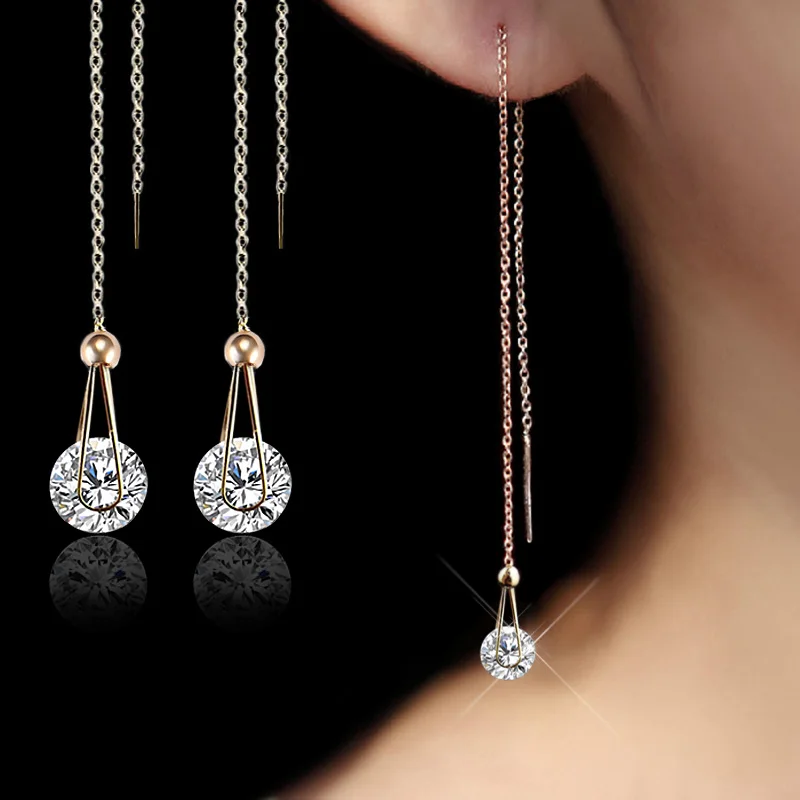 USTAR المياه قطرة الأقراط الطويلة للنساء 2.0ct AAA جولة قطع مكعب زركونيا مجوهرات الزفاف أقراط الإناث brincos هدية
