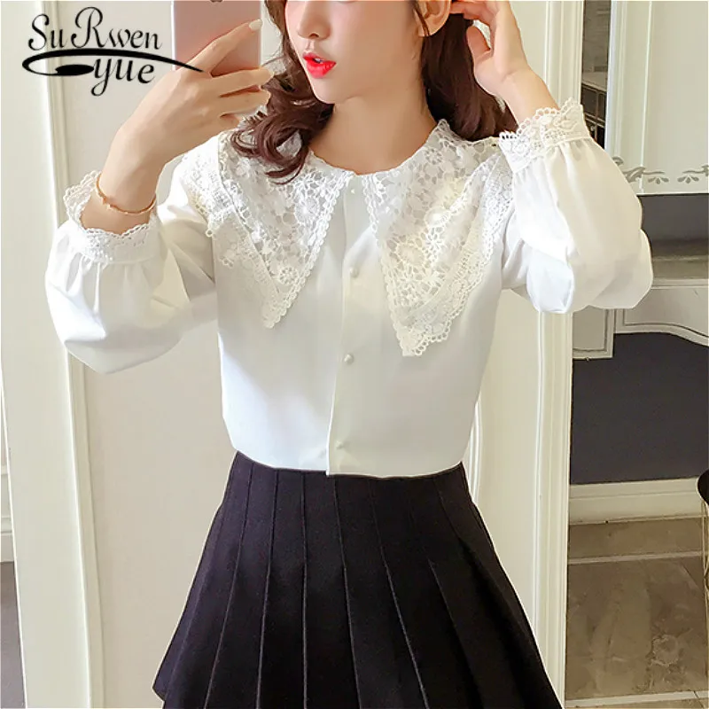 

long sleeve shirts womens tops blouses blusas mujer de moda 2019 Patchwork Button Peter pan Collar lantern Sleeve 2138 50