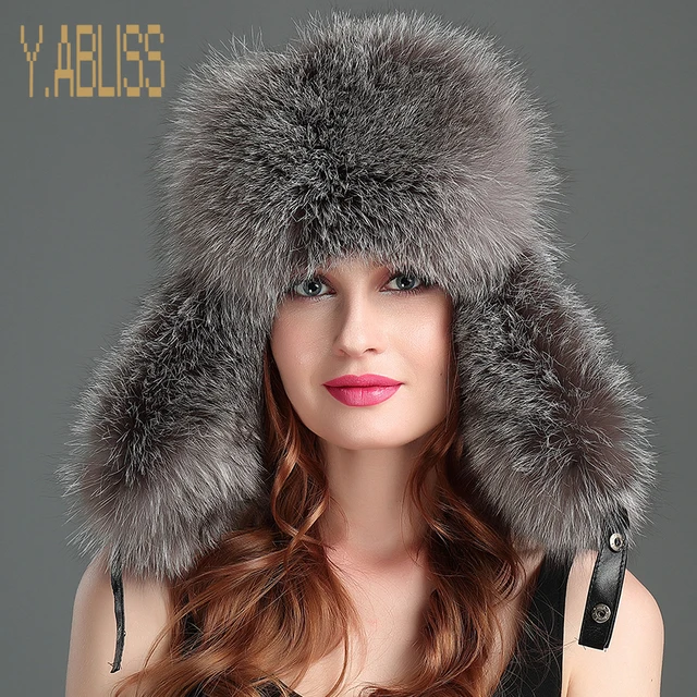 Unisex Whole Fox Fur Hat with Ear Flaps Fluffy Bomber Hats with Genuine