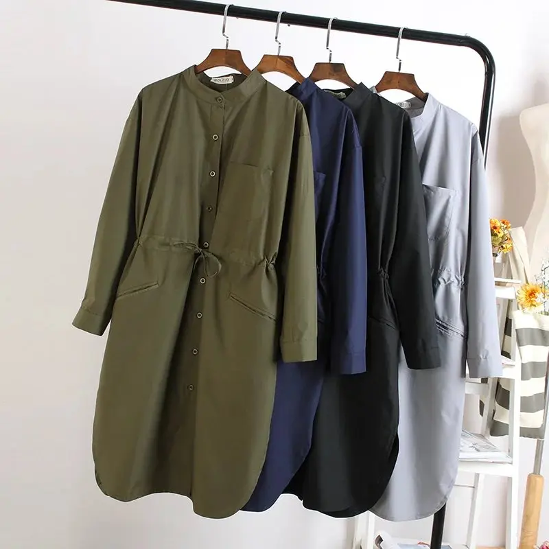 

Long Blouse Women Female Casual Stand Collar Oversize Shirt Vogue Loose Long Sleeve Cotton Tops Drawstring Waist Blouse