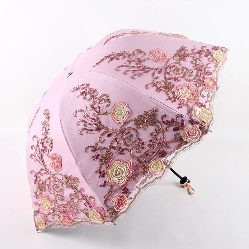 Роскошные кружева двухслойные вышивка зонтик дождь женщина черный резиновый УФ три складной солнечный женские зонты