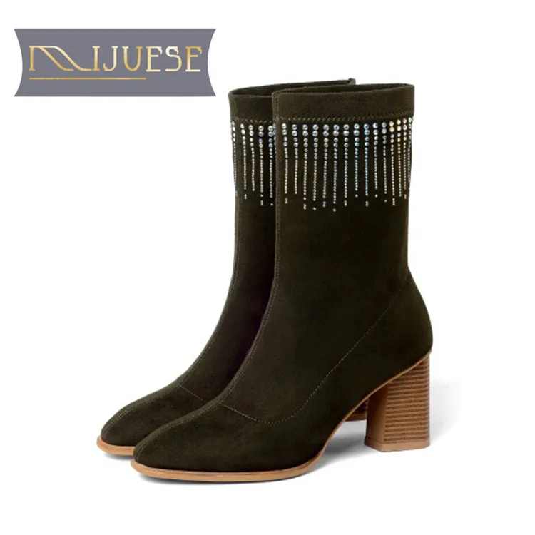 

MLJUESE 2019 women Mid calf boots Kid Suede stretch fabric fringe crystal slip on autumn spring women martin boots socks boots