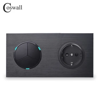 

Coswall Black Aluminum Panel EU Standard Wall Socket + 3 Gang 2 Way On / Off Pass Through Light Switch Switched LED Indicator