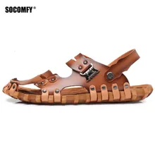SOCOMFY Summer Fashion Style Man Sandals Casual Flat Heels slippers Leather Male Retro Beach Slipper Men’s Roman Summer Shoe