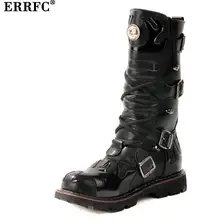 ERRFC/зимние дизайнерские черные ботинки до середины икры для мужчин; кожаная обувь с высоким берцем и пряжкой; мужские мотоциклетные ботинки в ковбойском стиле; размеры 38-45