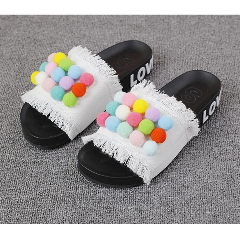 PomPom Sandal Лето г. шлепанцы женские босоножки с кисточками; обувь с маленькими пушистыми помпончиками для флип-флоп в ковбойском стиле обувь на платформе z120