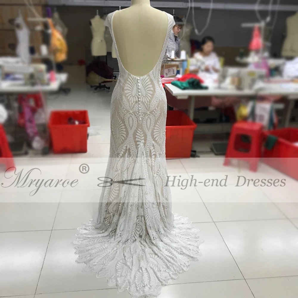 Mryarce Unique Lace Bohemian Wedding Dress With Cap Sleeves Open Back Mermaid Boho Bridal Gowns  (4)