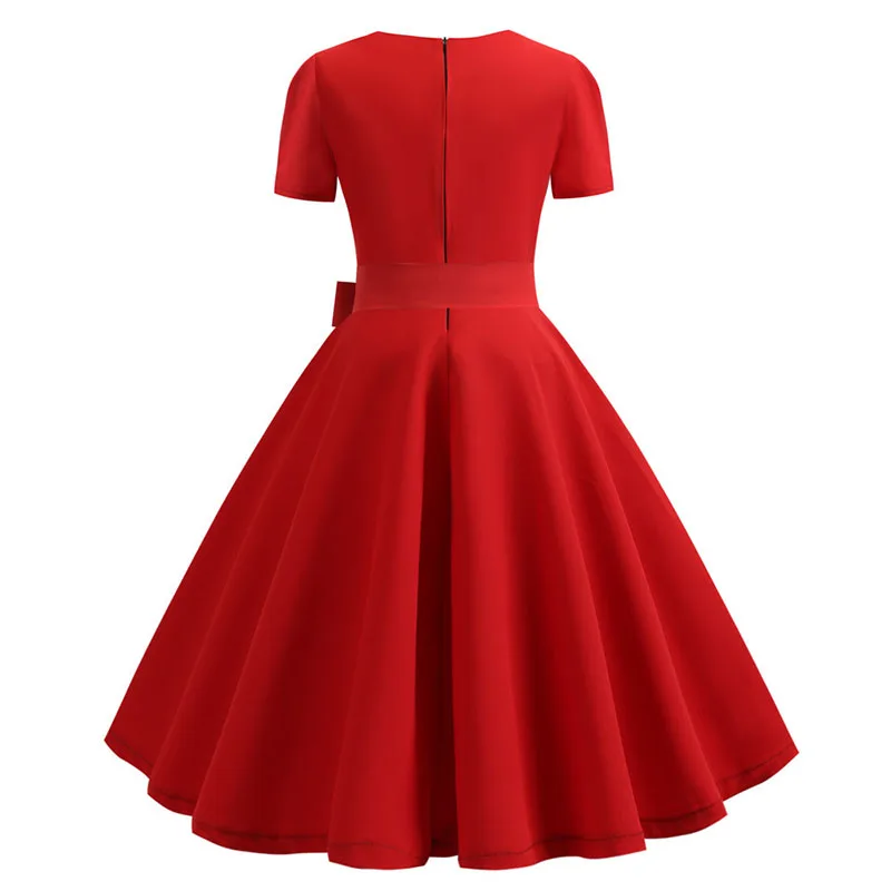 Tecrio Women Vintage 50s 60s Deep-V Solid Rockabilly Cocktail Party Swing Dress