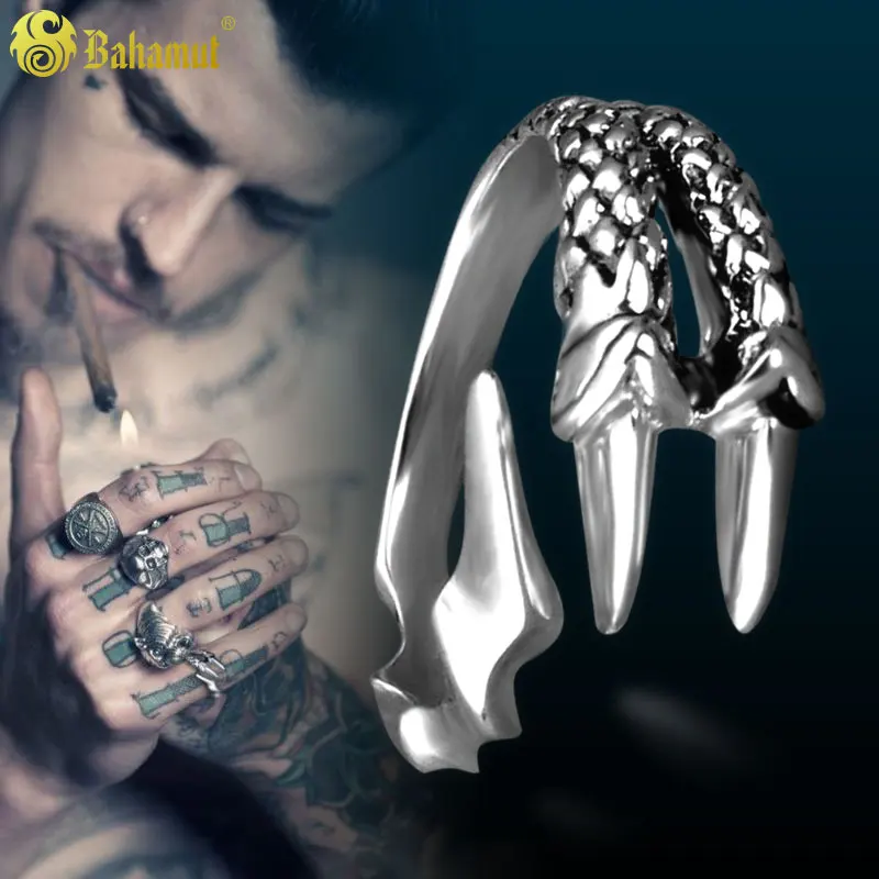 

Resizable Punk Rock Ring Mens Biker Rings Vintage Gothic Jewelry 925 Silver Dragon Claw Ring Men Birthday Jewelry