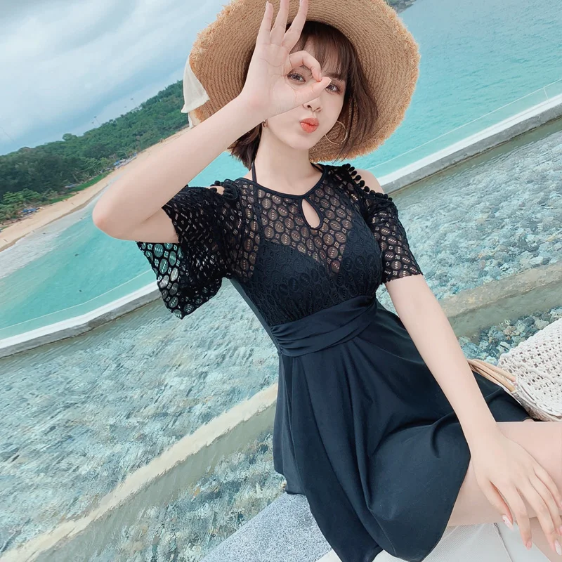 

Lace Women Swimwear Tankini Set Halter Lady Summer Dress Black Swimsuit With Shorts Beach Wear Hollow Out Bandage Bathing Suit