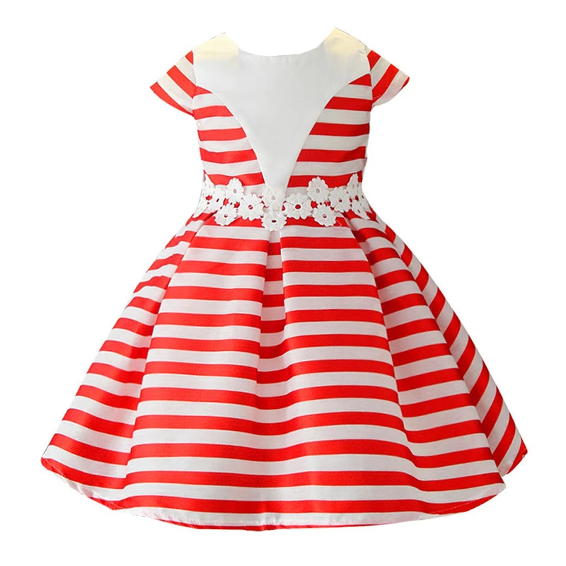 

2018 New Style Girls Dress Striped Red Color Princess Dress for Kids Children Flower Waistline Baby Toddler Birthday Clothing