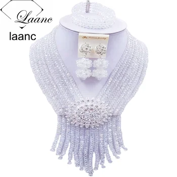 

Laanc Clear Transparent Crystal African Wedding Beads Nigerian Beaded Jewelry Set Necklace and Earrings for Women S8RSK012