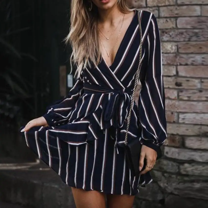 

KANCOOLD Dress Women's Fashion Lantern Sleeve Casual Striped V-Neck Dress Casual Ruffle Mini Party Dress women 2018AUG9