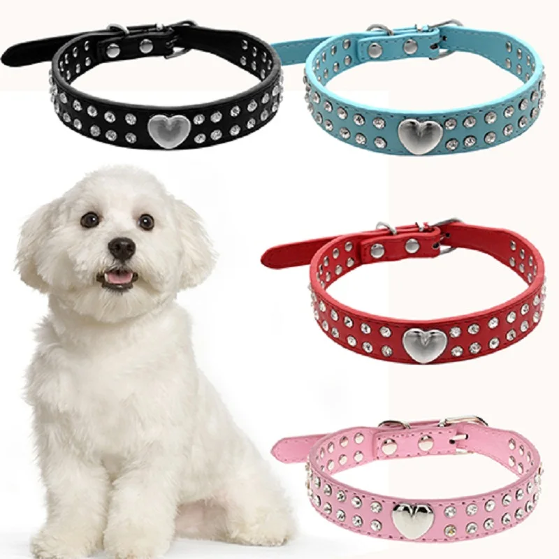 2 Rows Rhinestone Heart Studded Faux Leather Dog Collar for Small