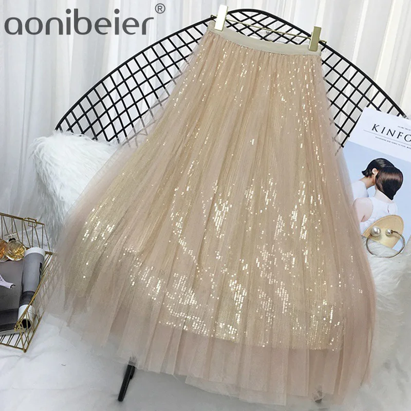 

Aonibeier Sheer Mesh Overlay Glitter Sequin Skirt Elastic High Waist Pleated Skirt Women Spring Summer Fashion Female Midi Skirt