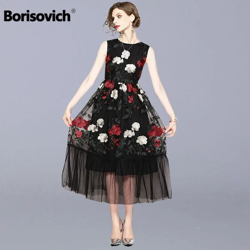 

Borisovich Luxury Floral Embroidery Long Dress New 2018 Summer Fashion Sleeveless Elegant Slim Women Evening Party Dresses M687