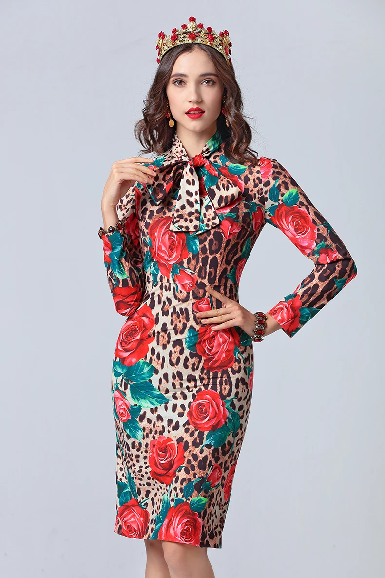 Женское леопардовое платье LD LINDA DELLA, летнее платье с длинным рукавом, с воротником-стойкой и галстуком-бабочкой, платье с цветочным принтом в виде роз