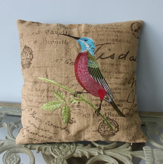 VEZO HOME Embroidered Bird Burlap Sofa Cushions Cover Chair Throw Adorable Decorative Pillows With Birds VEZO HOME Embroidered Bird Burlap Sofa Cushions Cover Chair Throw Adorable Decorative Pillows With Birds