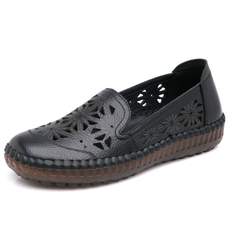OUKAHUI/удобная обувь на плоской подошве из натуральной кожи ручной работы; женская летняя обувь; женские лоферы; дышащая мягкая женская обувь с перфорацией - Цвет: Black