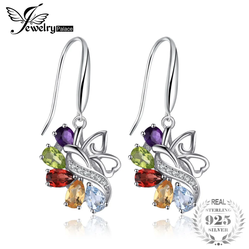 JewelryPalace Butterfly 4.8ct Genuine Amethysts Citrines Garnets Peridots Blue Topazs Long Earrings Women 925 Sterling Silver