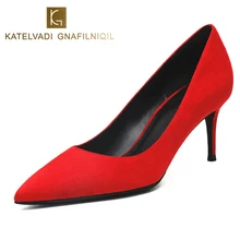 KATELVADI/свадебные туфли модные женские красные туфли из флока на высоком каблуке 6,5 см с острым носком женские туфли на высоком каблуке K-325