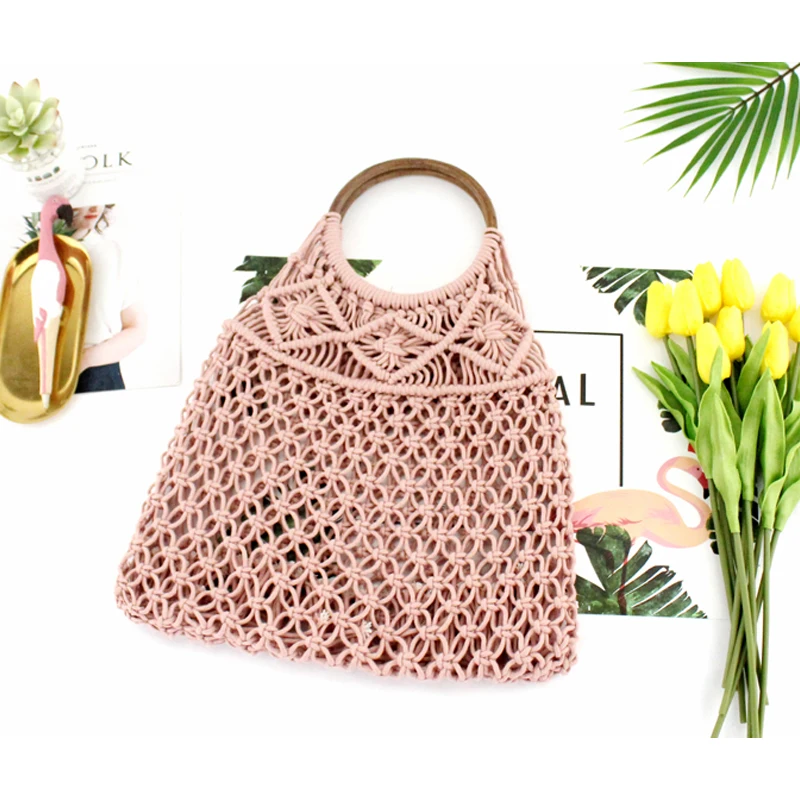 New type of cotton rope hollow net pocket handbag straw knitting bag small fresh knitting lady bag beach bag without lining